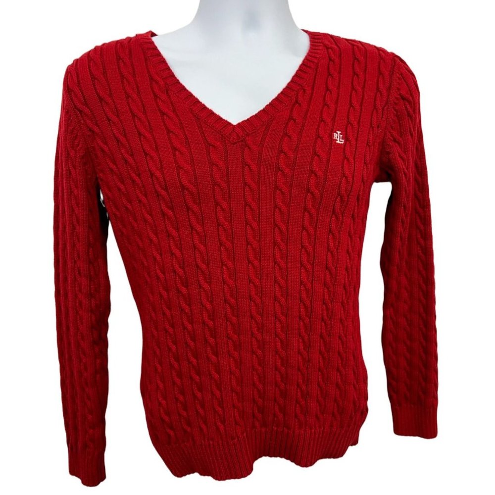 LRL Lauren Ralph Lauren Red Sweater V Neck Cable Knit Logo Women's Medium